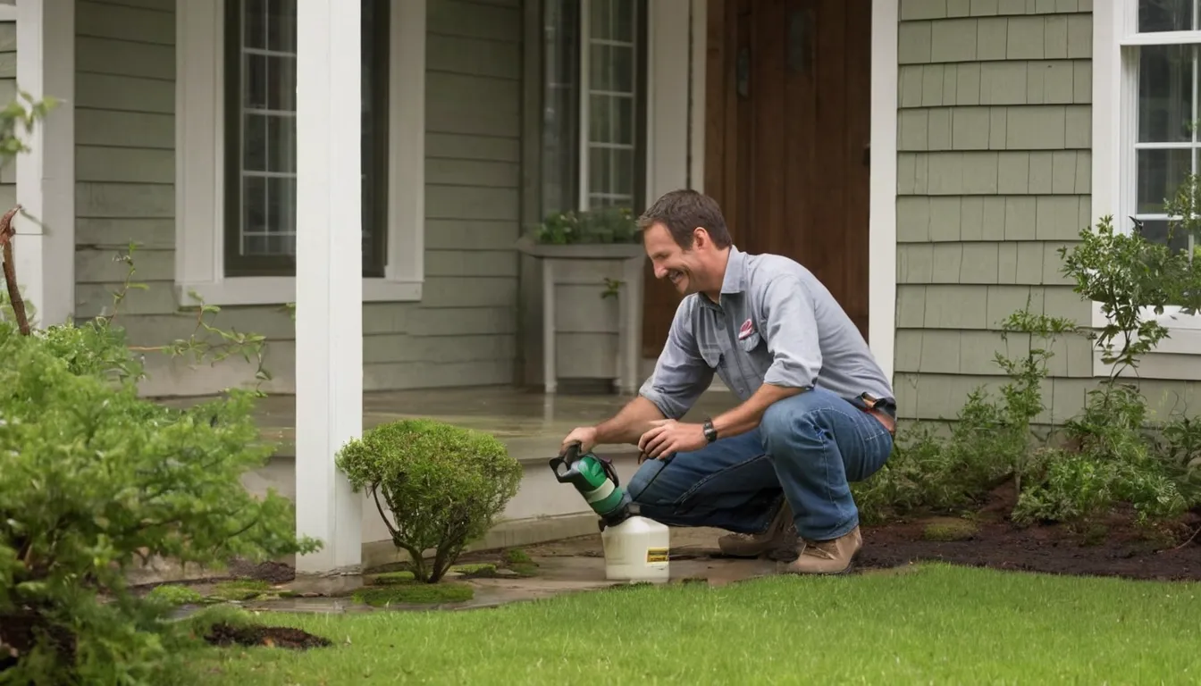 A friendly pest control provider talking with a homeowner at the front door of a wood-frame house in Bainbridge Island